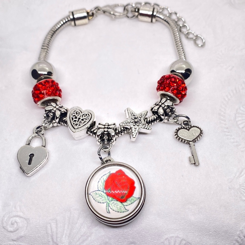Silver Charm Bracelet with Red Accents